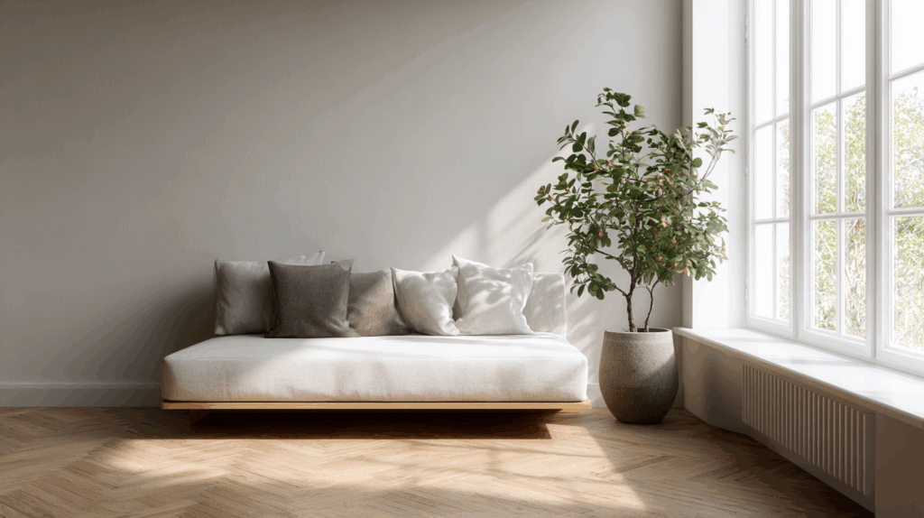 Minimalistisch eingerichtetes Wohnzimmer mit Sofa und Pflanze