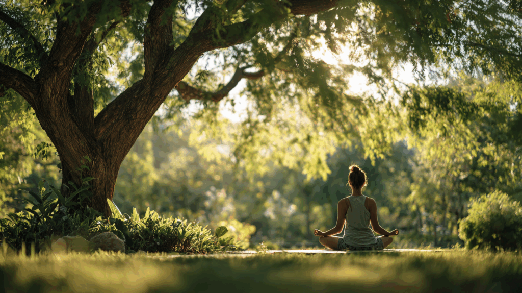Person meditiert entspannt im Park unter Bäumen